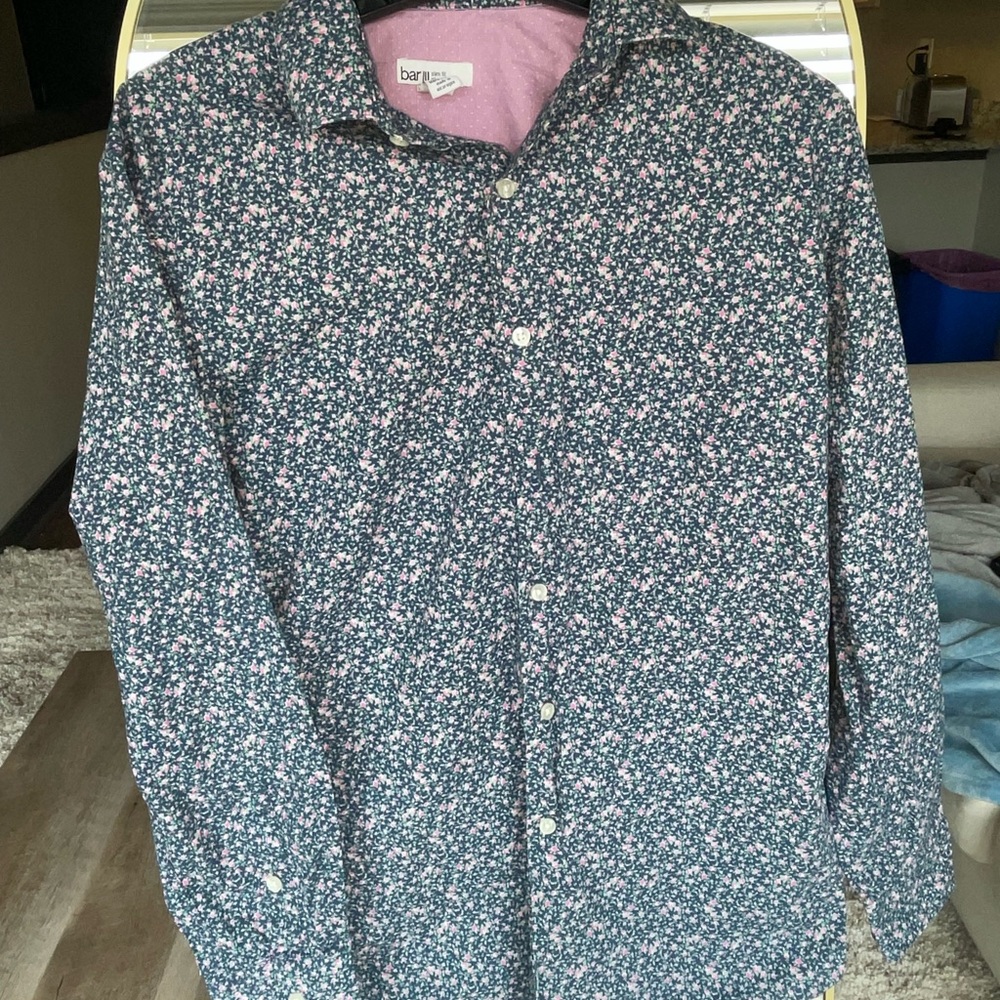 Bar III Navy Floral Button-Down Shirt with Pink Accents